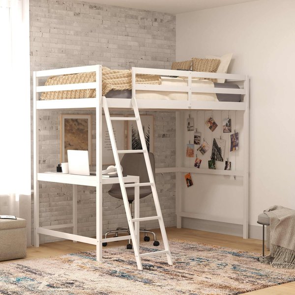 Flash Furniture White Twin Loft Bed Frame with Desk and Ladder MH-LBD5-WH-T-GG